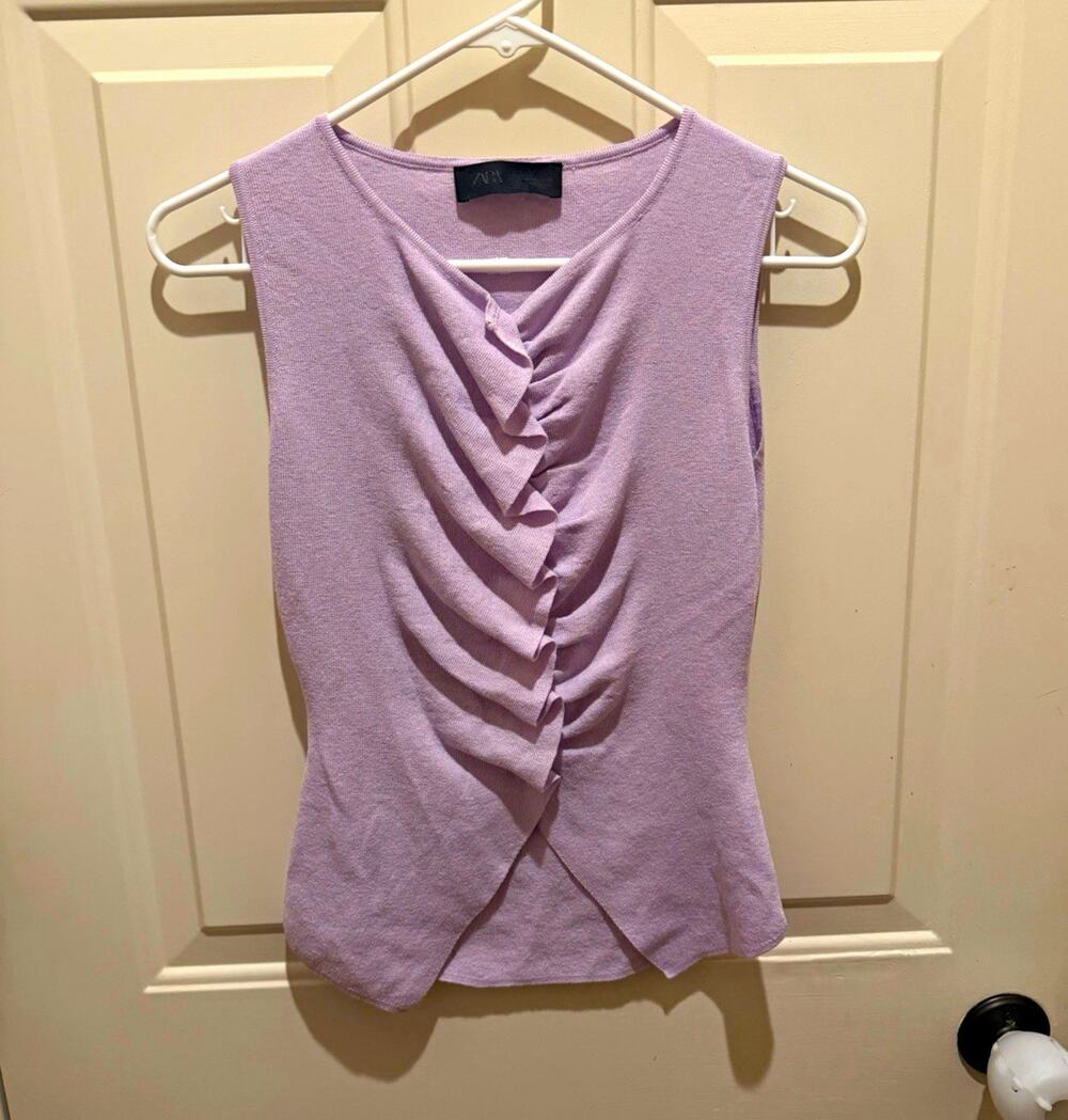 Zara Women’s Size L Purple Solid Knit V-Neck Sleeveless Ruched Tank Top